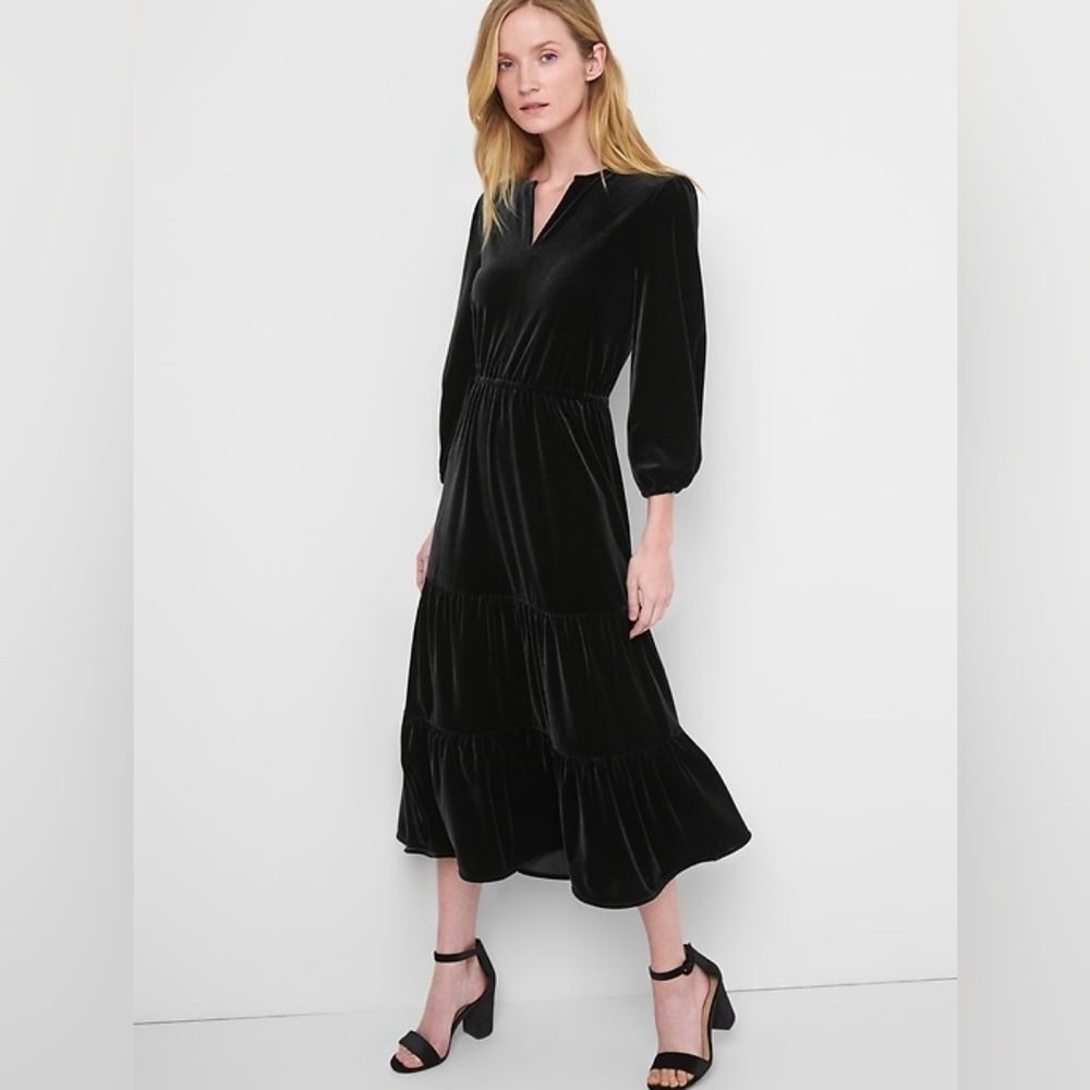 {Gap} Velvet Tiered Midi Dress - True Black - Size XL